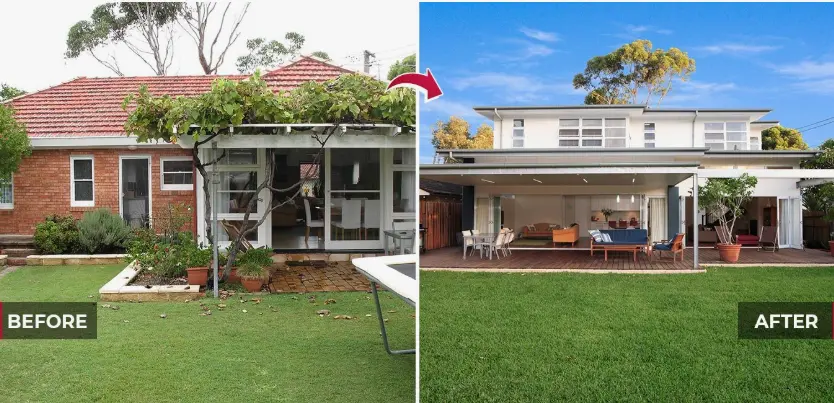 Before-and-after comparison of an older home exterior and its remodeled front facade.